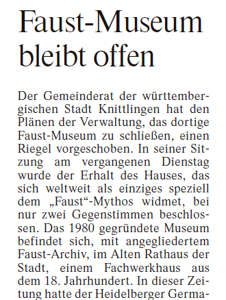 FAZ heute zu Knittlingen, erste Seite Feuilleton