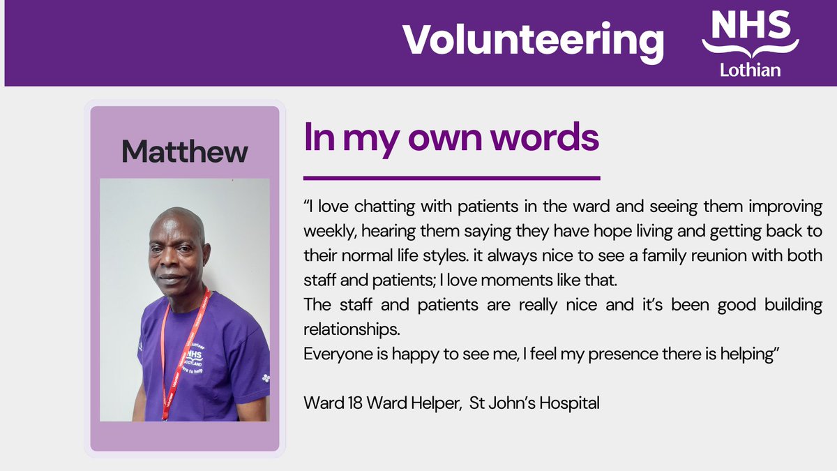 NHSLothian-Volunteering (@nhslvolunteers) on Twitter photo #Volunteeer Matthew, Ward Helper in <a href="/LothianSjh/">SJH_Lothian</a> Ward 18 loves building good relationships and feels his presence there is helping, which it will be. Thank you Matthew. <a href="/NHS_Lothian/">NHS Lothian</a> #ThursdayInspiration #Volunteeer Matthew, Ward Helper in <a href="/LothianSjh/">SJH_Lothian</a> Ward 18 loves building good relationships and feels his presence there is helping, which it will be. Thank you Matthew. <a href="/NHS_Lothian/">NHS Lothian</a> #ThursdayInspiration