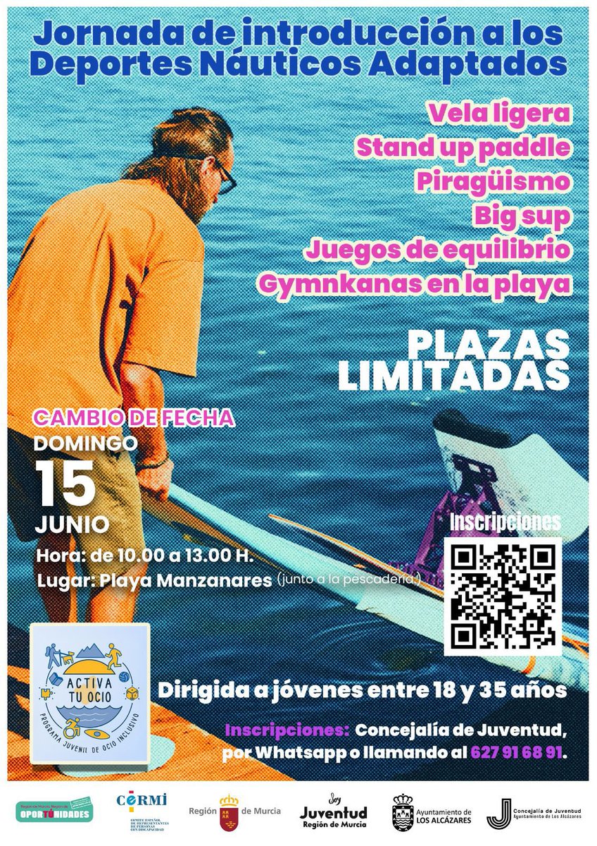 🌊🚤 ¡Descubre el mundo de los deportes náuticos adaptados!

📅 Domingo, 15 de junio 📍 Los Alcázares - Playa Manzanares (junto a la pescadería) ⏰ 10:00 - 13:00h 🎯 Dirigido a jóvenes de 18 a 35 años

💡 Una oportunidad para aprender y disfrutar del mar de una forma accesible