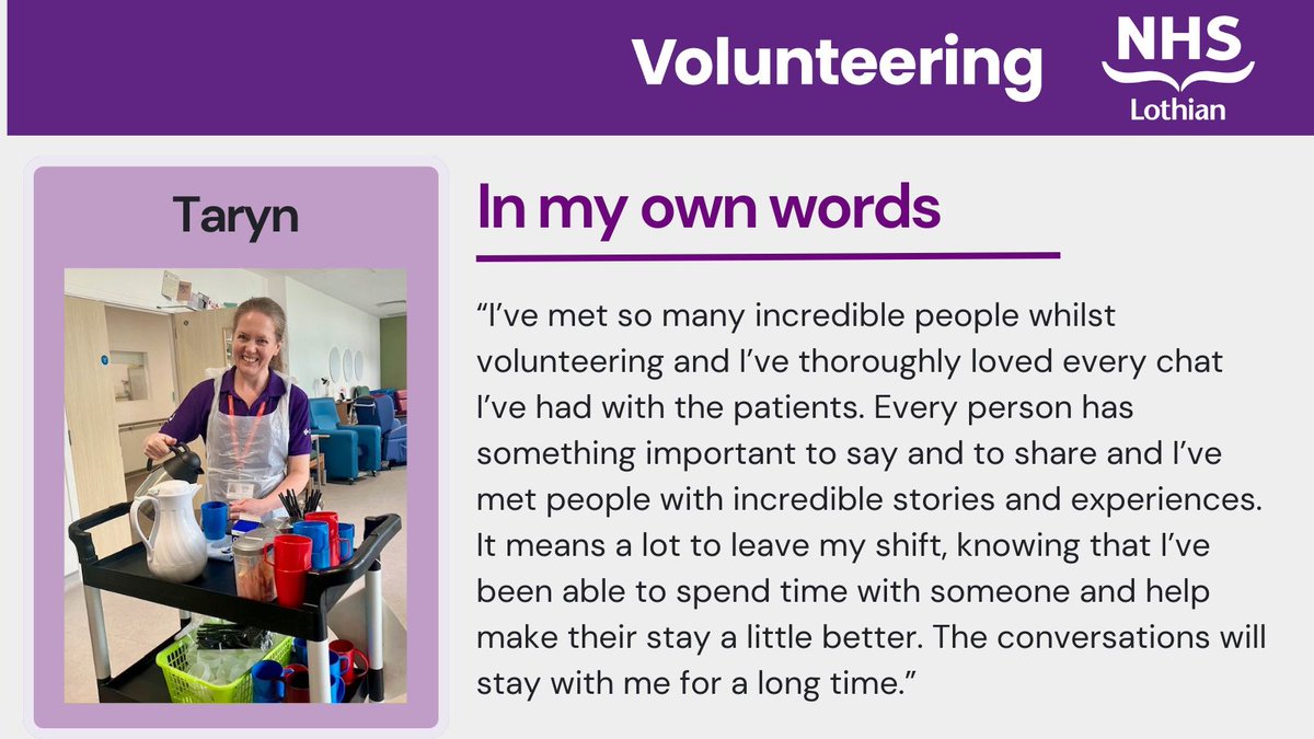NHSLothian-Volunteering (@nhslvolunteers) on Twitter photo It means a lot to #Volunteer Taryn to leave her shift knowing that she has been able to spend time with someone and help make their stay a little better. #VolunteersWeek <a href="/NHS_Lothian/">NHS Lothian</a> #ThankfulThursday It means a lot to #Volunteer Taryn to leave her shift knowing that she has been able to spend time with someone and help make their stay a little better. #VolunteersWeek <a href="/NHS_Lothian/">NHS Lothian</a> #ThankfulThursday