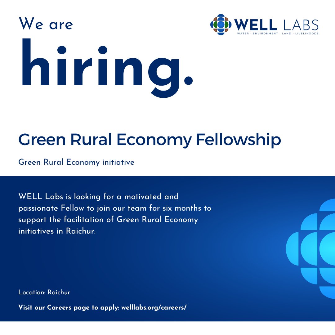 Job Alert! We are hiring a Green Rural Economy Fellows for Raichur.

Location: Raichur

Read the JDs and apply here: welllabs.org/careers/