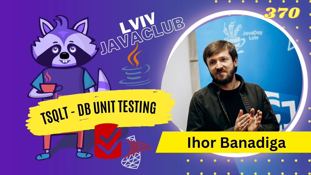 banadiga's tweet image. Lviv JavaClub [Event 370] tSQLt by Ihor Banadiga #lvivjavaclub #javaclub youtube.com/watch?v=8ON809… 

Review the #tSQLt - Database #Unit Testing for #SQL Server
by Ihor Banadiga Java Software Engineer @ Capgemini Engineering linkedin.com/in/ihorbanadig…
Code fro… github.com/lvivJavaClub