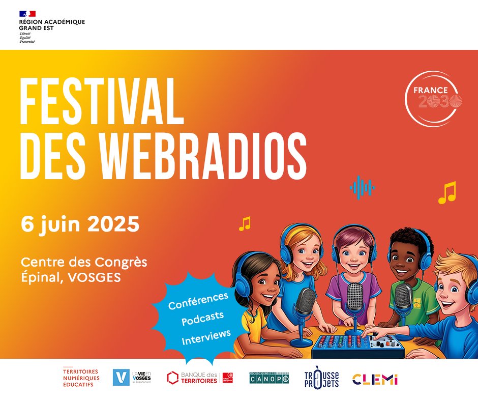 J-1 ⌛ 😀 avant le festival des webradios 🎙️, événement TNE organisé par la <a href="/dane/">Dane Jasper</a>-nancy-metz 💻 et le #CLEMI 🧠📡 à #Epinal Centre des Congrès.
167 collégiens inscrits avec 53 professeurs 🚌👩‍👧‍👦
Conférence <a href="/VosgesMatin/">Vosges Matin</a>
Ateliers radios, @reseau_canopé 88, <a href="/laligue88/">Ligue de l'Enseignement 88</a> et les Francas.