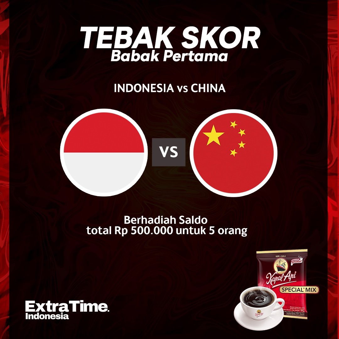 Extra Time Indonesia (@idextratime) on Twitter photo ⚡Tebak Skor Babak pertama
Indonesia vs China
Berhadiah Saldo total Rp 500.000 untuk 5 orang!
Contoh:
Indonesia 1-0 China @/teman 1 @/teman2 @/teman3 #SecangkirSemangat
Syarat:
- Like dan RT postingan ini
- mention 3 temen kamu
- Wajib follow twitter <a href="/idextratime/">Extra Time Indonesia</a> & ⚡Tebak Skor Babak pertama
Indonesia vs China
Berhadiah Saldo total Rp 500.000 untuk 5 orang!
Contoh:
Indonesia 1-0 China @/teman 1 @/teman2 @/teman3 #SecangkirSemangat
Syarat:
- Like dan RT postingan ini
- mention 3 temen kamu
- Wajib follow twitter <a href="/idextratime/">Extra Time Indonesia</a> &