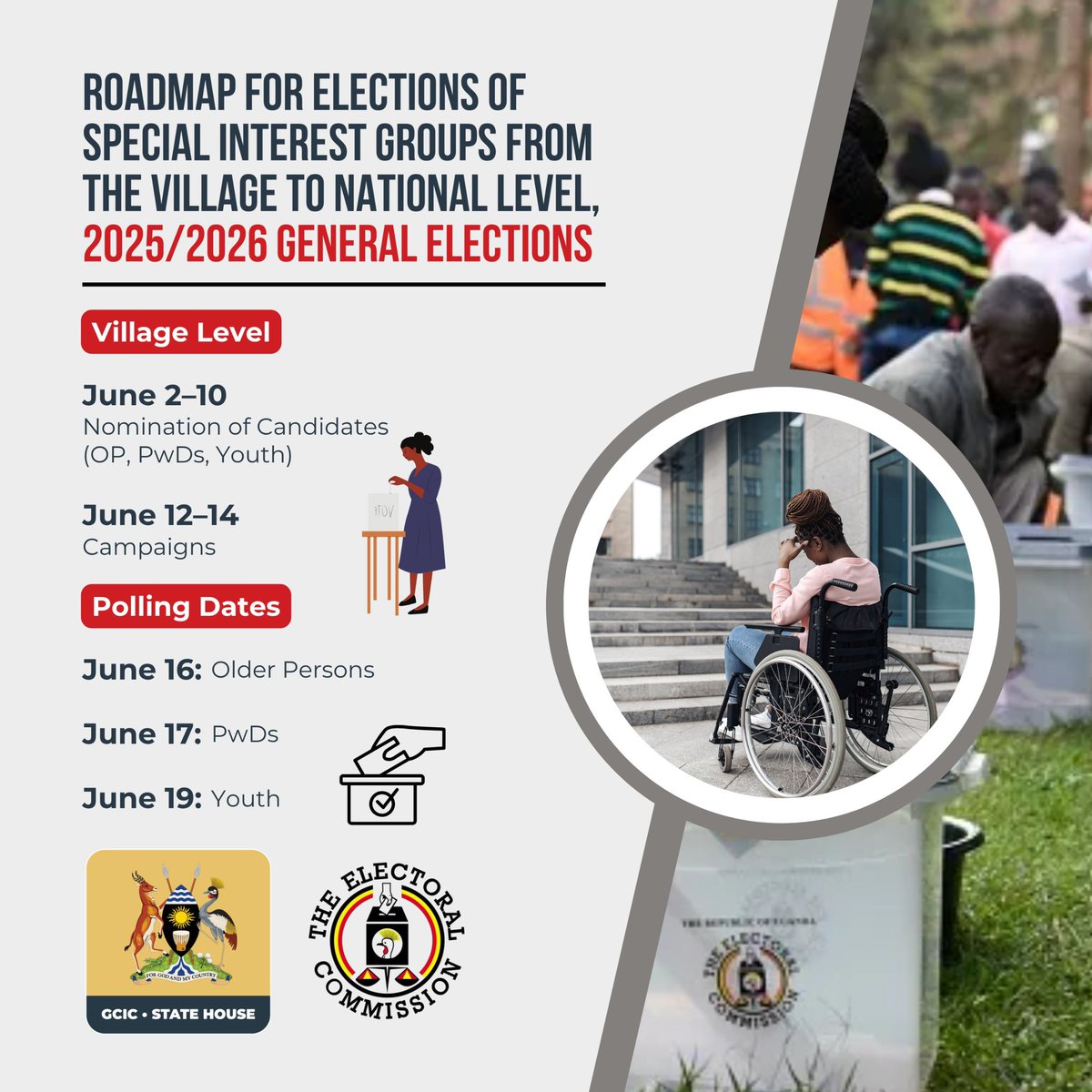 The RoadMap for the Elections of the SIGs from Village to National Level.

Let us be keen on the dates, don't miss to vote for your people; Older Persons, PWDs, Youth.

#SIGsElections #VoteEazy