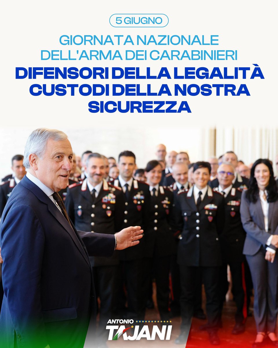Antonio Tajani (@antonio_tajani) on Twitter photo A voi che svolgete il vostro lavoro con onore e dedizione, che tutelate la sicurezza degli italiani, che siete un simbolo di legalità.
A tutte le donne e gli uomini dell’Arma dei <a href="/_Carabinieri_/">Arma dei Carabinieri</a>, nella loro Giornata Nazionale, va il nostro più sincero ringraziamento. Sempre A voi che svolgete il vostro lavoro con onore e dedizione, che tutelate la sicurezza degli italiani, che siete un simbolo di legalità.
A tutte le donne e gli uomini dell’Arma dei <a href="/_Carabinieri_/">Arma dei Carabinieri</a>, nella loro Giornata Nazionale, va il nostro più sincero ringraziamento. Sempre