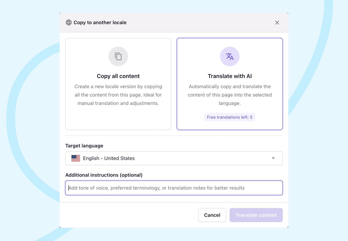 Some words should never be translated. Others need to sound exactly like your brand.

Now you can tell AI how to handle both — just add your instructions before you translate.

See what's new: prismic.io/updates/transl…