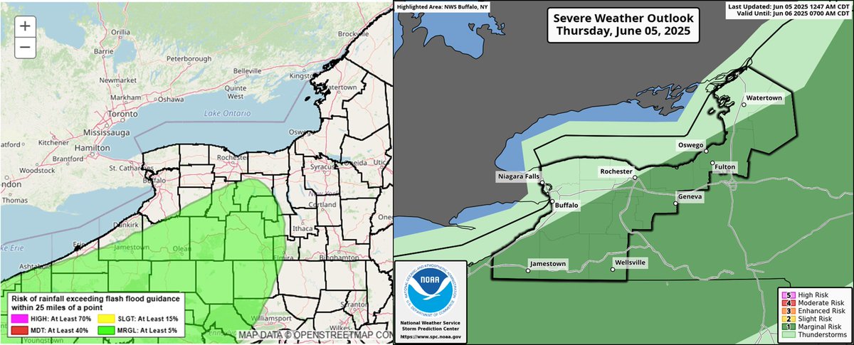 Showers &amp; thunderstorms are expected today from western NY to north central NY. There is a ‘Marginal Risk’ across much of the area for severe thunderstorms &amp; excessive rainfall.  Along with potential for moderate to heavy rainfall, gusty winds will also be possible with storms.