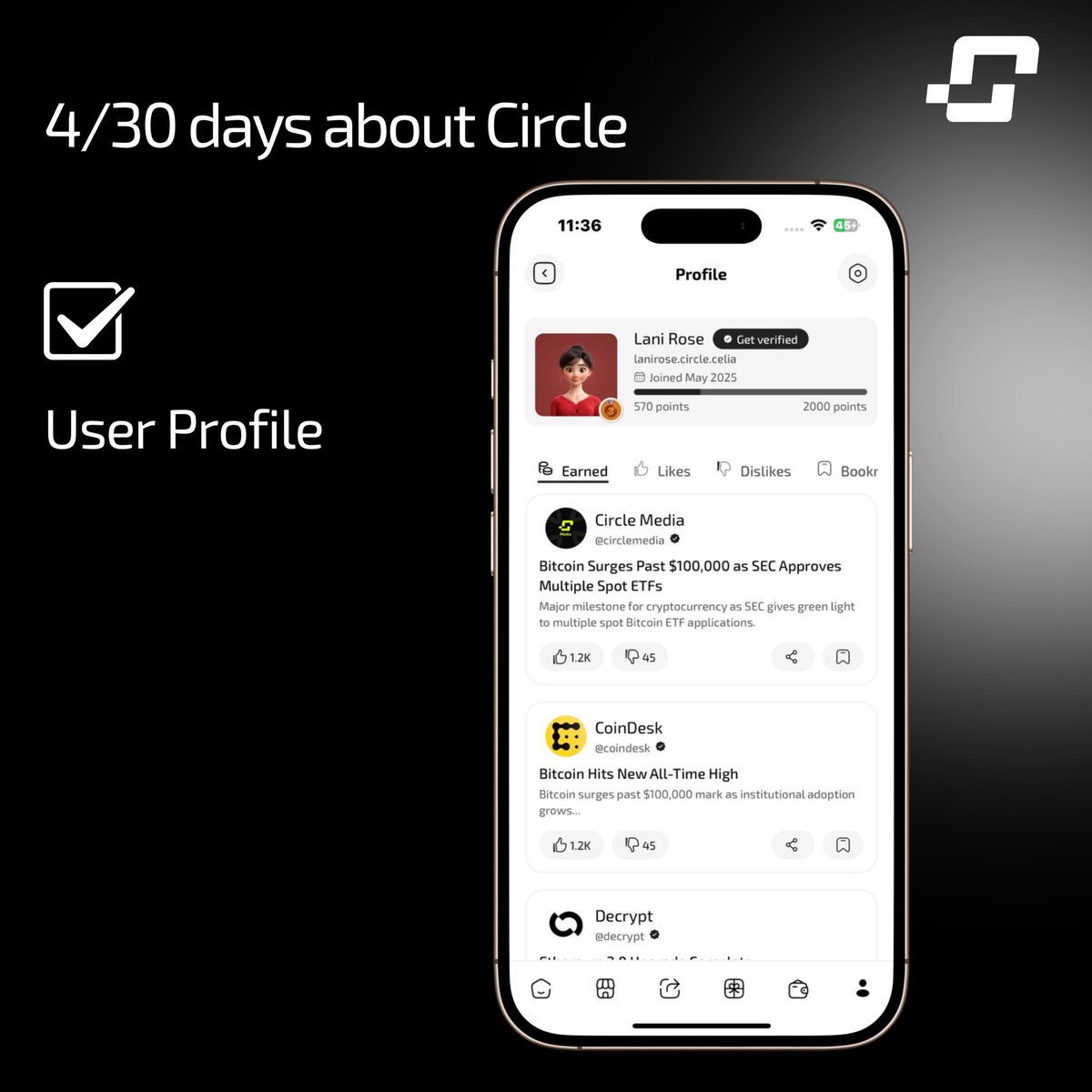 Day 4/30 of <a href="/CirclebyCelia/">Circle</a> features!

Today we’re spotlighting the “User Profile” feature. The profile displays user details (e.g., points, join date, verification status) and a news feed with posts from selected outlets (e.g., Circle Media, CoinDesk, Decrypt) about crypto