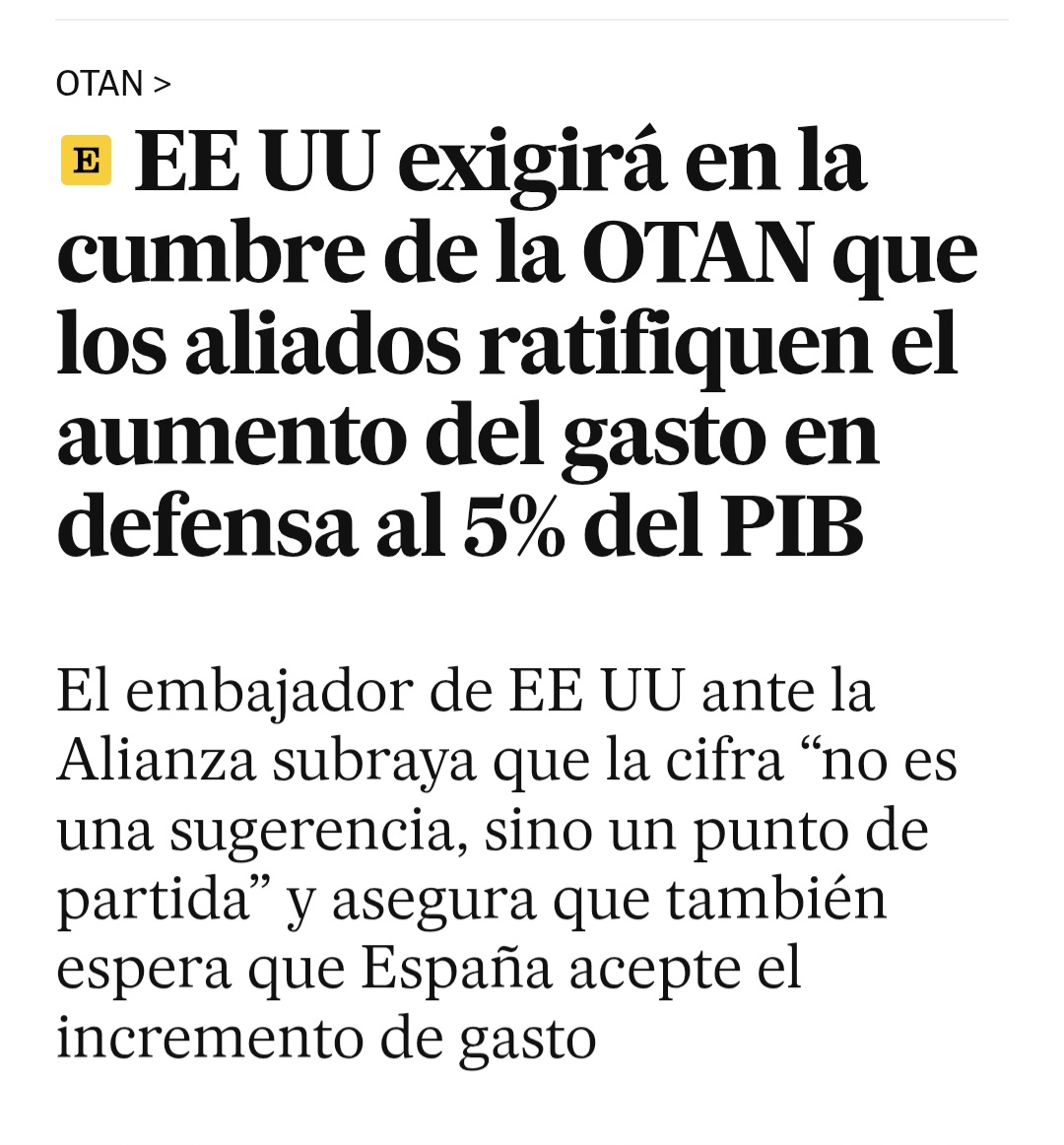 . 2014: S'aprova que països OTAN, en 10 anys, arribin al 2% del PIB en despesa militar

. 2022: OTAN diu que el 2% és un punt de partida no sostre 

. 2024: Es parla obertament que cal arribar al 3% i més 

. 2025: Ja s'exigeix el 5% 

Una bogeria sense fi, ni frens, ni límits.