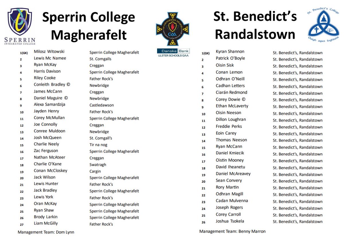 Ulster Schools GAA (@ulsterschools) on Twitter photo TEAM INFO
<a href="/DanskeBank_UK/">Danske Bank</a> U15.5 Corn Cรบchulainn Final ๐
๐ฆโฌ Sperrin College Magherafelt V
โฌ๐ฆ <a href="/StBenedictsCol/">St.Benedict'sCollege</a>
๐๏ธ Friday 6th June
โ11am
๐Moneyglass GAC
๐บ๐ง๐ต๐ถ๐ ๐ด๐ฎ๐บ๐ฒ ๐๐ถ๐น๐น ๐ป๐ผ๐ ๐ฏ๐ฒ ๐๐๐ฟ๐ฒ๐ฎ๐บ๐ฒ๐ฑ, ๐ฃ๐น๐ฒ๐ฎ๐๐ฒ ๐ฑ๐ผ ๐ป๐ผ๐ ๐ฐ๐น๐ถ๐ฐ๐ธ ๐ผ๐ป ๐ฎ๐ป๐ ๐น๐ถ๐ป๐ธ๐! TEAM INFO
<a href="/DanskeBank_UK/">Danske Bank</a> U15.5 Corn Cรบchulainn Final ๐
๐ฆโฌ Sperrin College Magherafelt V
โฌ๐ฆ <a href="/StBenedictsCol/">St.Benedict'sCollege</a>
๐๏ธ Friday 6th June
โ11am
๐Moneyglass GAC
๐บ๐ง๐ต๐ถ๐ ๐ด๐ฎ๐บ๐ฒ ๐๐ถ๐น๐น ๐ป๐ผ๐ ๐ฏ๐ฒ ๐๐๐ฟ๐ฒ๐ฎ๐บ๐ฒ๐ฑ, ๐ฃ๐น๐ฒ๐ฎ๐๐ฒ ๐ฑ๐ผ ๐ป๐ผ๐ ๐ฐ๐น๐ถ๐ฐ๐ธ ๐ผ๐ป ๐ฎ๐ป๐ ๐น๐ถ๐ป๐ธ๐!