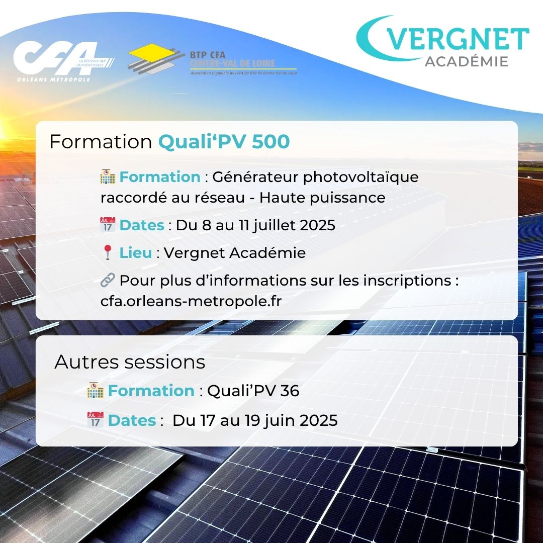 VergnetEnergy's tweet photo. Ne manquez pas nos prochaines formations Quali’PV !

🎓 Rejoignez nos sessions de formation photovoltaïque organisées par Vergnet Académie, en partenariat avec le  @CFAOrleansMetropole et le BTP CFA Centre-Val de Loire :  📷 Infos et inscriptions ici : https://t.co/aI62a54fjr https://t.co/ja8KGYxsga