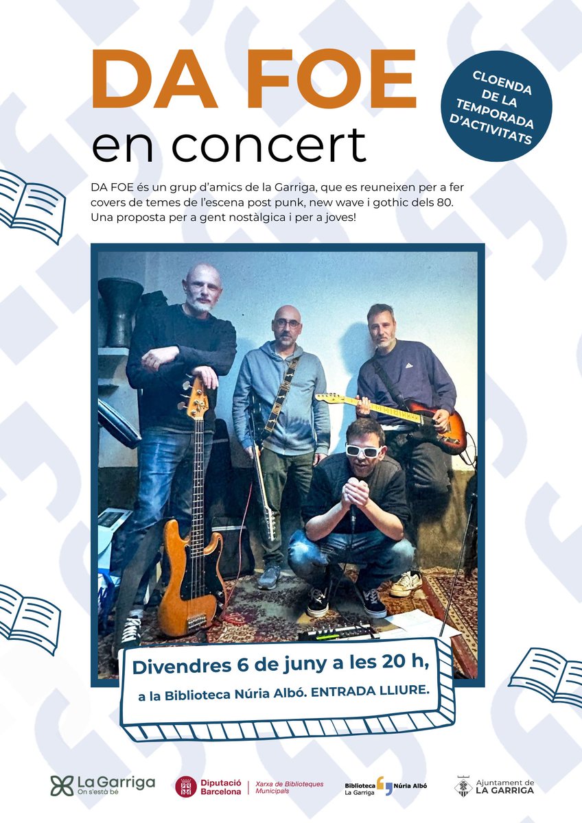 Biblioteca La Garriga (@bibliolagarriga) on Twitter photo Recordeu 💡🎸! Concert de #km0 amb els #DaFoe avui a les 20.00h a la #bibliolagarriga. Us hi esperem💡🎸 <a href="/ajlagarriga/">Ajuntament de la Garriga 🎗️</a> <a href="/bibliotequesXBM/">BibliotequesXBM</a> <a href="/XavGotaneg/">Xavier Gotanegra Ruiz</a> Recordeu 💡🎸! Concert de #km0 amb els #DaFoe avui a les 20.00h a la #bibliolagarriga. Us hi esperem💡🎸 <a href="/ajlagarriga/">Ajuntament de la Garriga 🎗️</a> <a href="/bibliotequesXBM/">BibliotequesXBM</a> <a href="/XavGotaneg/">Xavier Gotanegra Ruiz</a>