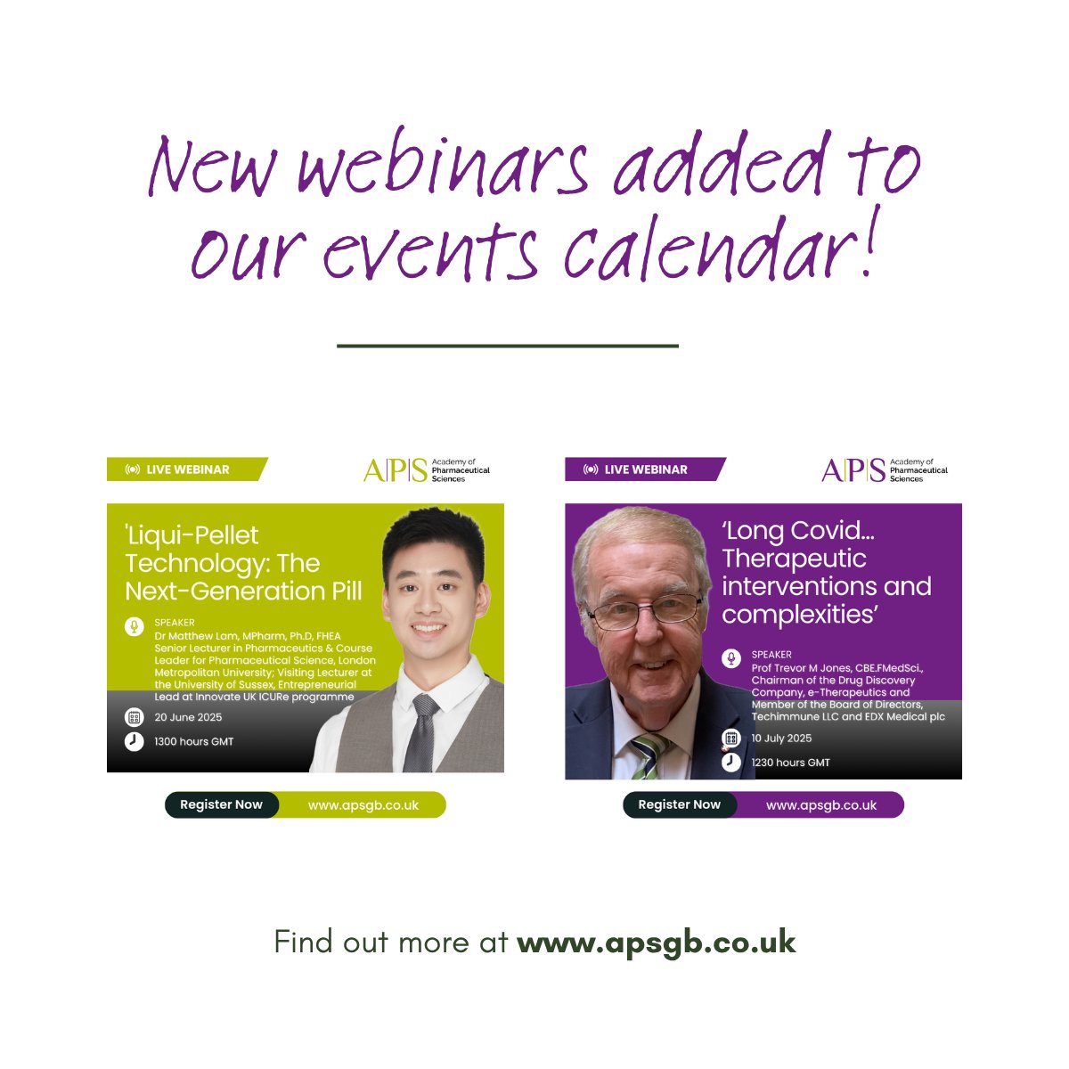 We have added two new webinars to our events calendar.  We are thrilled that  Dr Matthew Lam and Professor Trevor M. Jones will be presenting live webinars.  To find out more and get your tickets go to apsgb.co.uk/all-events/
