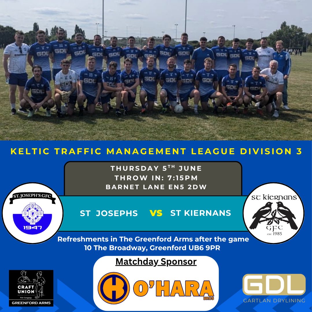 🚨 Fixture 🚨

The Joes kick off their 2025 League campaign tonight vs St Kiernans. 

Throw in is at 7:15pm in Barnet Lane EN5 2DW. 

Thanks to our match day sponsor for tonight’s game O’Hara Bros. for their support. 

Come out &amp; support the lads if you’re around 🔵⚪️