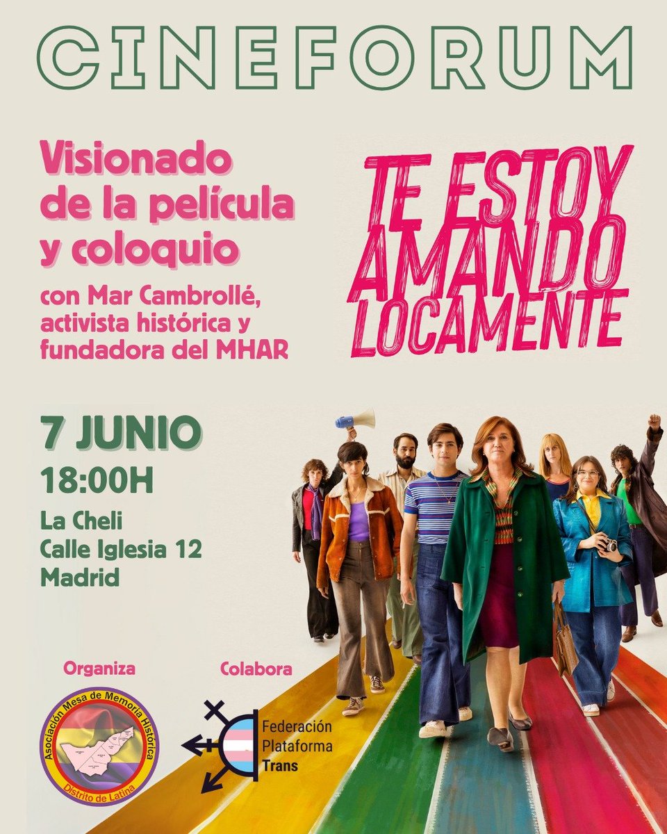 🔻Mar Cambrollé 🏳️⚧️ Hay Ley Trans (@cambrollemar) on Twitter photo Este sábado tienes una cita importante, la <a href="/MESA_MH_LATINA/">Asociación Memoria Histórica Distrito de Latina</a> organiza un cinefórum de la película Te estoy amando locamente donde participaré como fundadora y lider del MHAR.¡No os lo perdáis! Este sábado tienes una cita importante, la <a href="/MESA_MH_LATINA/">Asociación Memoria Histórica Distrito de Latina</a> organiza un cinefórum de la película Te estoy amando locamente donde participaré como fundadora y lider del MHAR.¡No os lo perdáis!