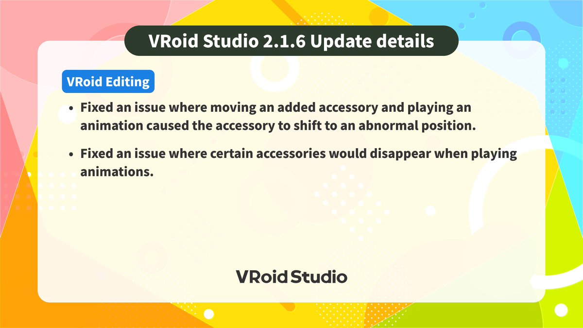 vroid_pixiv_en's tweet image. 【VRoid Studio v2.1.6】
▼Download here
vroid.com/en/studio
▼Release Notes
vroid.pixiv.help/hc/en-us/artic…
▼Contact Us
pixiv.net/support?mode=i…
#VRoid