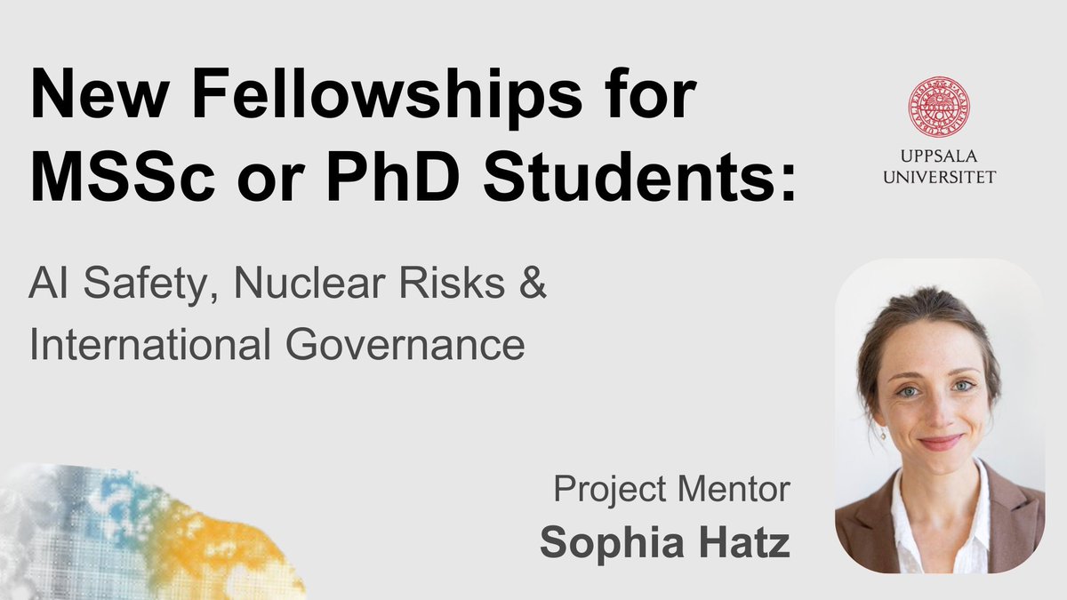 Alva Myrdal Centre (@alvamyrdalcntr) on Twitter photo We have partnered with <a href="/EffectiveThesis/">Effective Thesis</a> to offer a #fellowship opportunity in which #MSSc or #PhD students can work on research projects focused on reducing risks from advanced #AI systems and #nuclear weapons. Apply by July 1, 2025
🔗 Read more and apply: effectivethesis.org/services#speci… We have partnered with <a href="/EffectiveThesis/">Effective Thesis</a> to offer a #fellowship opportunity in which #MSSc or #PhD students can work on research projects focused on reducing risks from advanced #AI systems and #nuclear weapons. Apply by July 1, 2025
🔗 Read more and apply: effectivethesis.org/services#speci…