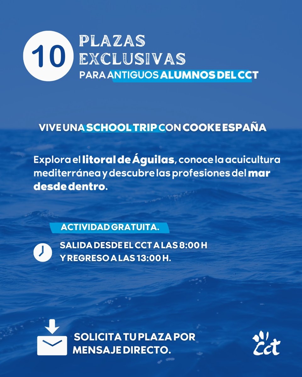 🚤 Vuelve una experiencia inolvidable para los antiguos alumnos del CCT

📅 La salida será desde el CCT a las 8:00 h y el regreso desde Águilas está previsto sobre las 13:00 h.

💸 Actividad gratuita.

#SoyCCT #CCTMurcia #CookeEspaña #SchoolTrips