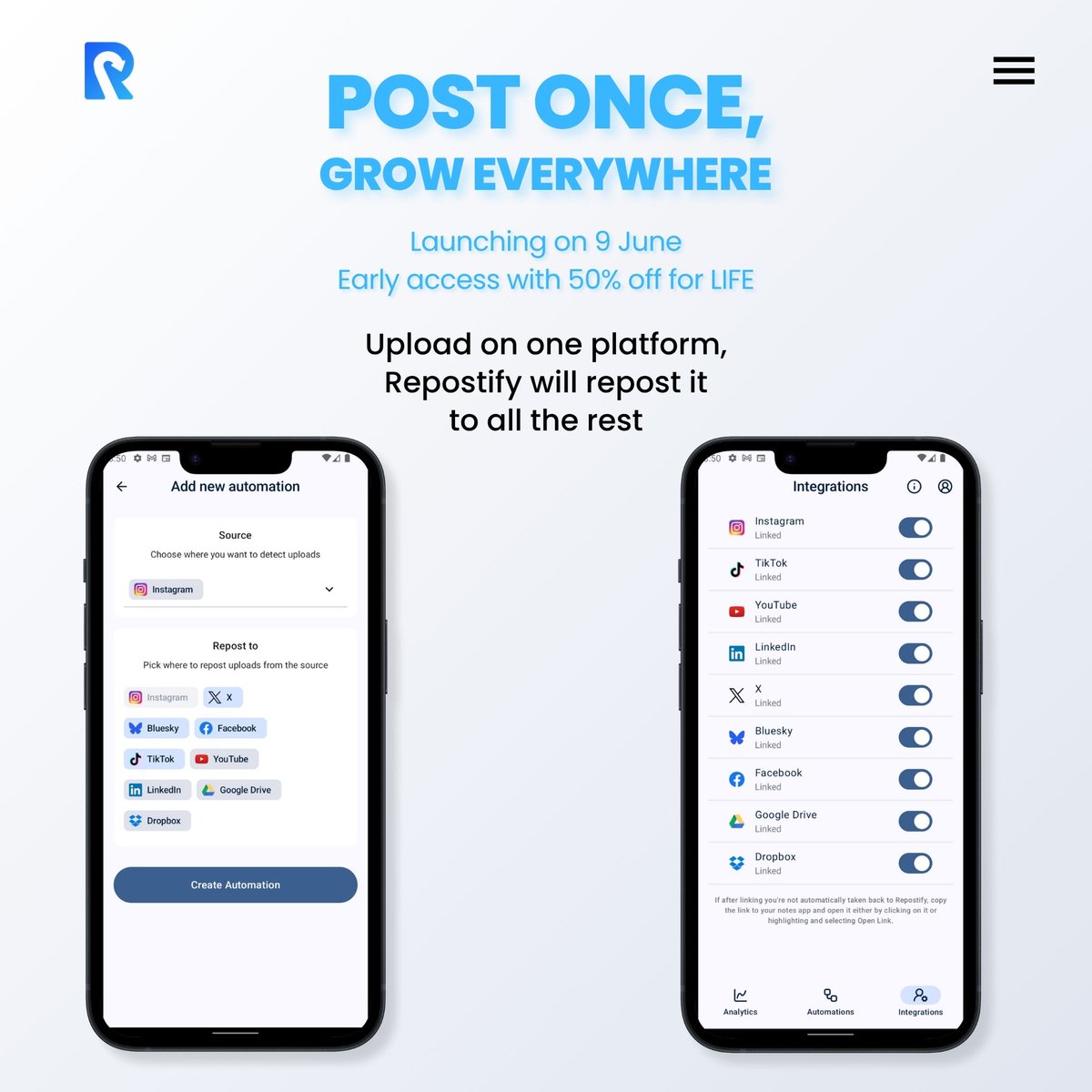 RepostifyIO's tweet image. It’s time for the big reveal!
To make the process of posting to multiple platforms easier for creators we built an app to detect your uploads on one platform and reposts it to all your other ones
Join the Discord to stay updated on the launch!
discord.gg/7Sg847vd