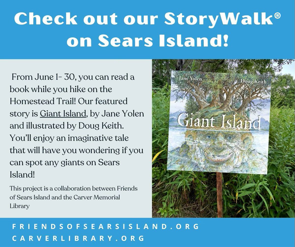 Giant Island by <a href="/JaneYolen/">jane Yolen</a> is now a StoryWalk! Follow the pages along the Homestead Trail on Sears Island for a magical outdoor family-friendly reading adventure. 
Huge thanks to Carver Memorial Library + Friends of Sears Island!  

<a href="/IPGbooknews/">IPGbook</a> #searsisland #storywalk #outdoors