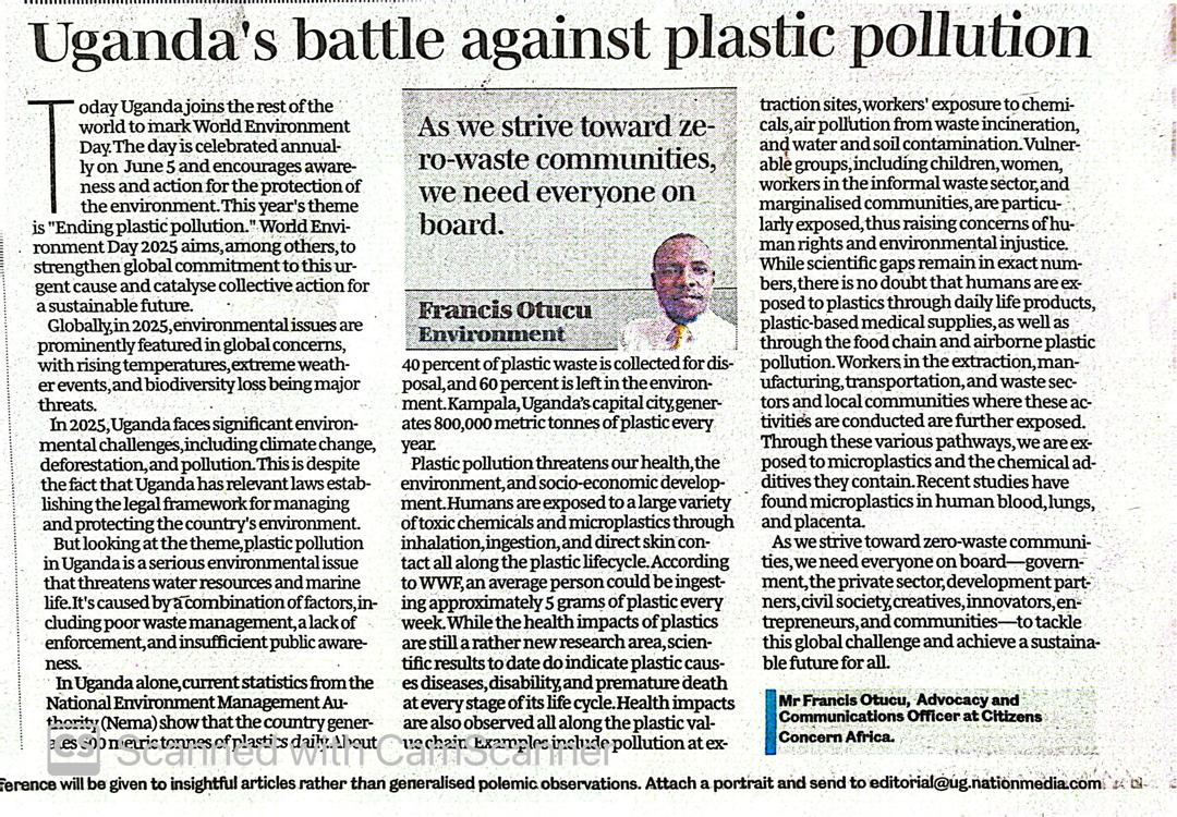 CitzensConcernAfrica (@cicoa_ug) on Twitter photo #WorldEnvironmentDay2025
Our Advocacy and Communications Officer <a href="/OtufraJ/">Francis Otucu</a> highlights the country's struggle with plastic pollution.
See details in today's copy of the <a href="/DailyMonitor/">Daily Monitor</a> or online via bit.ly/4mLHSZi
Cc <a href="/NCHRD_UG/">NCHRDs-UG</a> <a href="/DKinUganda/">Denmark in Uganda</a> <a href="/IrlEmbUganda/">Ireland in Uganda</a> <a href="/Collective_FS/">Foundation_S</a> #WorldEnvironmentDay2025
Our Advocacy and Communications Officer <a href="/OtufraJ/">Francis Otucu</a> highlights the country's struggle with plastic pollution.
See details in today's copy of the <a href="/DailyMonitor/">Daily Monitor</a> or online via bit.ly/4mLHSZi
Cc <a href="/NCHRD_UG/">NCHRDs-UG</a> <a href="/DKinUganda/">Denmark in Uganda</a> <a href="/IrlEmbUganda/">Ireland in Uganda</a> <a href="/Collective_FS/">Foundation_S</a>