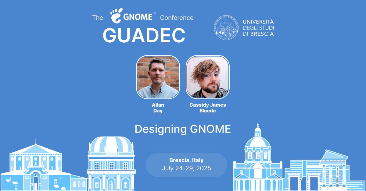🎨 "Designing GNOME"
with Allan Day &amp; Cassidy James Blaede
📅 24 July 🕒 11:05 CEST 📍 Brescia
🖌️ A year of design updates: notifications, UX patterns, Adwaita fonts &amp; more.

🔗 events.gnome.org/event/259/cont…

#GNOME #UX #Design #Adwaita #GUADEC2025