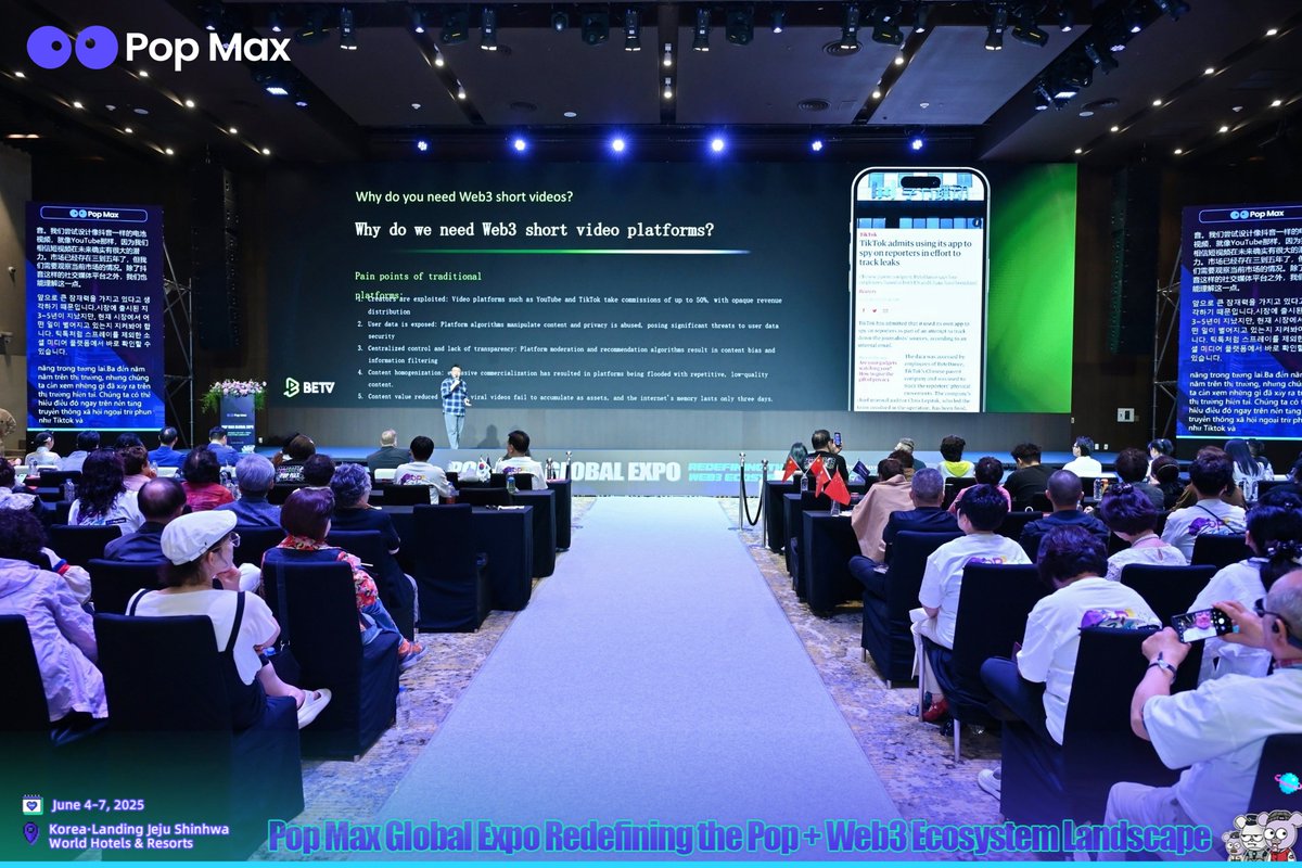📢 Co-hosted by BETV, the Pop Max Korea Summit 2025 officially kicked off in Jeju Island!

BETV’s Aaron took the stage with his keynote:
 “BETV — Redefining the Sovereignty of Short Video Value”
He emphasized the huge opportunity in Web3 short video, with BETV aiming to become