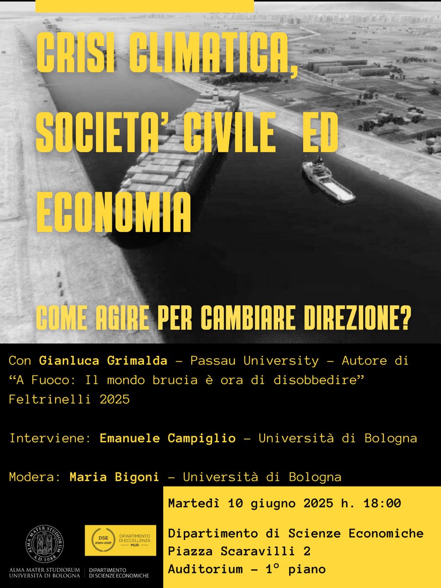 DSE UniBo Economics (@dse_unibo) on Twitter photo 📢 Crisi climatica, società civile ed economia: come agire per cambiare direzione?
📅 Martedì 10 giugno, h 18:00
📍 Auditorium DSE
Con Prof. Grimalda <a href="/GGrimalda/">dr. gianluca grimalda</a>,
interviene <a href="/emacampiglio/">Emanuele Campiglio</a>,
modera <a href="/MariaBigoni1/">Maria Bigoni</a>
🌍 Un dialogo urgente sul nostro futuro
#clima #economia #società 📢 Crisi climatica, società civile ed economia: come agire per cambiare direzione?
📅 Martedì 10 giugno, h 18:00
📍 Auditorium DSE
Con Prof. Grimalda <a href="/GGrimalda/">dr. gianluca grimalda</a>,
interviene <a href="/emacampiglio/">Emanuele Campiglio</a>,
modera <a href="/MariaBigoni1/">Maria Bigoni</a>
🌍 Un dialogo urgente sul nostro futuro
#clima #economia #società