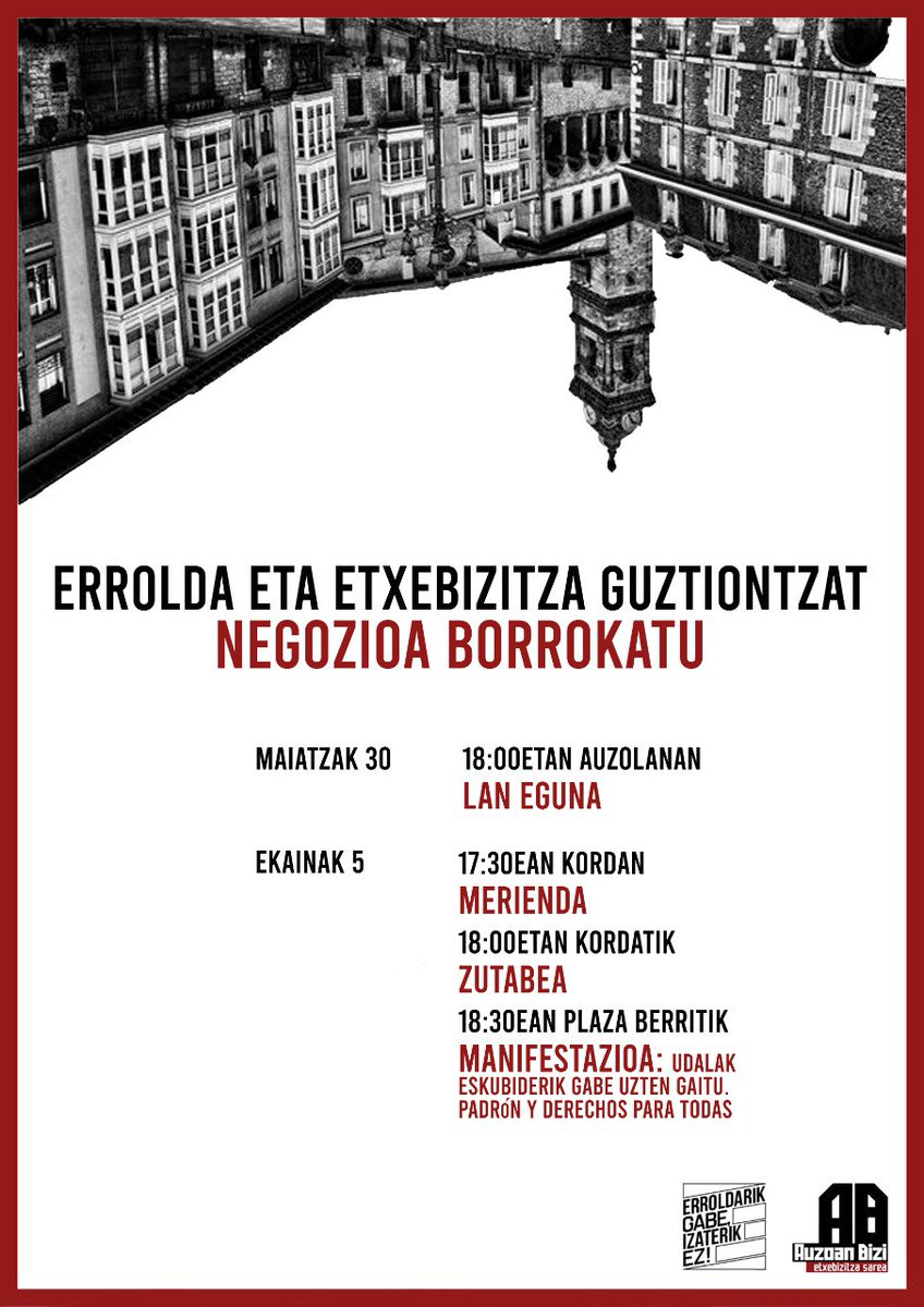 Heldu da eguna, udalak eskubiderik gabe uzten gaituela salatuko dugu eta errolda eta eskubideak guztiontzako bermatzea exijituko dugu. 

Manifestazioa 18:30etan Plaza Berritik aterako da eta zutabeak Judimenditik eta Alde Zaharretik.
