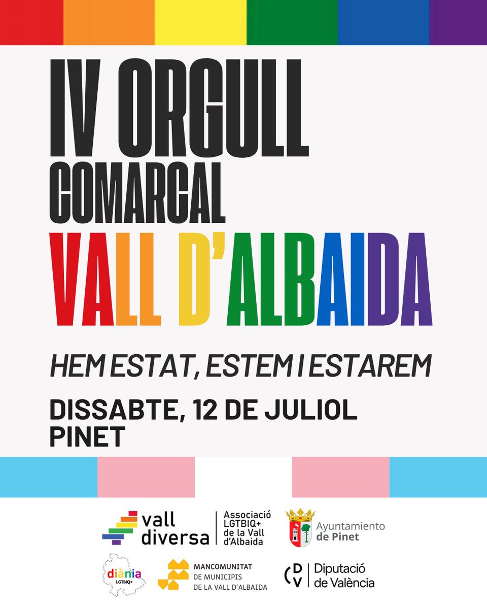 🌈 Torna l’#OrgullComarcal de la Vall d’Albaida!
📍 Aquest any ens veiem a Pinet!
Eixirem al carrer per dir ben fort que les lleis LGTBI+ no es retallen i que l’orgull rural també existeix i resisteix! 💪🏳️‍🌈