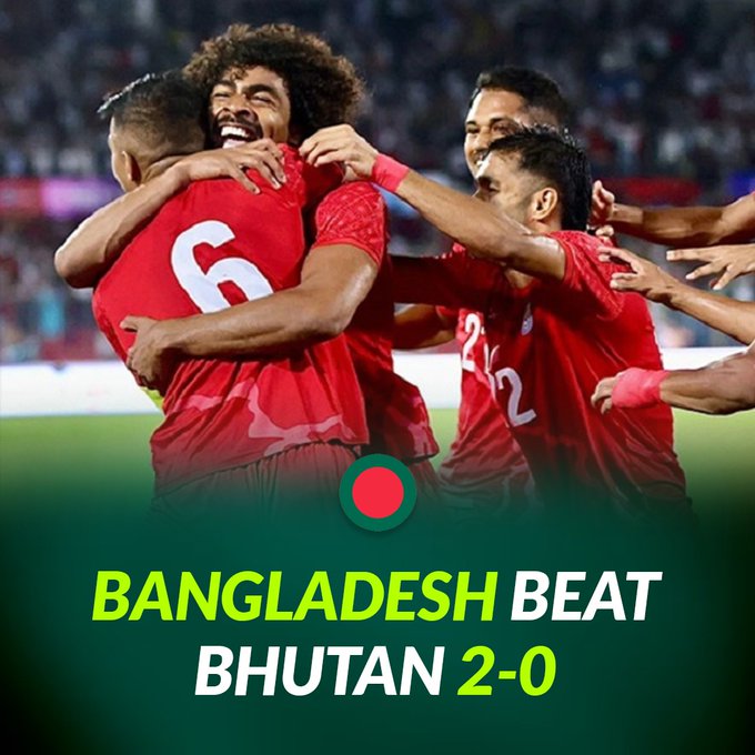 sen13879's tweet photo. Bangladesh defeated Bhutan 2-0 in the FIFA International friendly match.  

#UEFANationsLeague #NextWeek #1Comment #Pumpfun #WorldEnvironmentDay #Portugal #DESIRE_UNLEASH #Ronaldo #Germany #Spain #Target #Arafah #Myanmar #AIforALL #Sudan #Congo #Yemen #Haiti #Cuba #Somalia #Chad https://t.co/XypNCrC3Zw