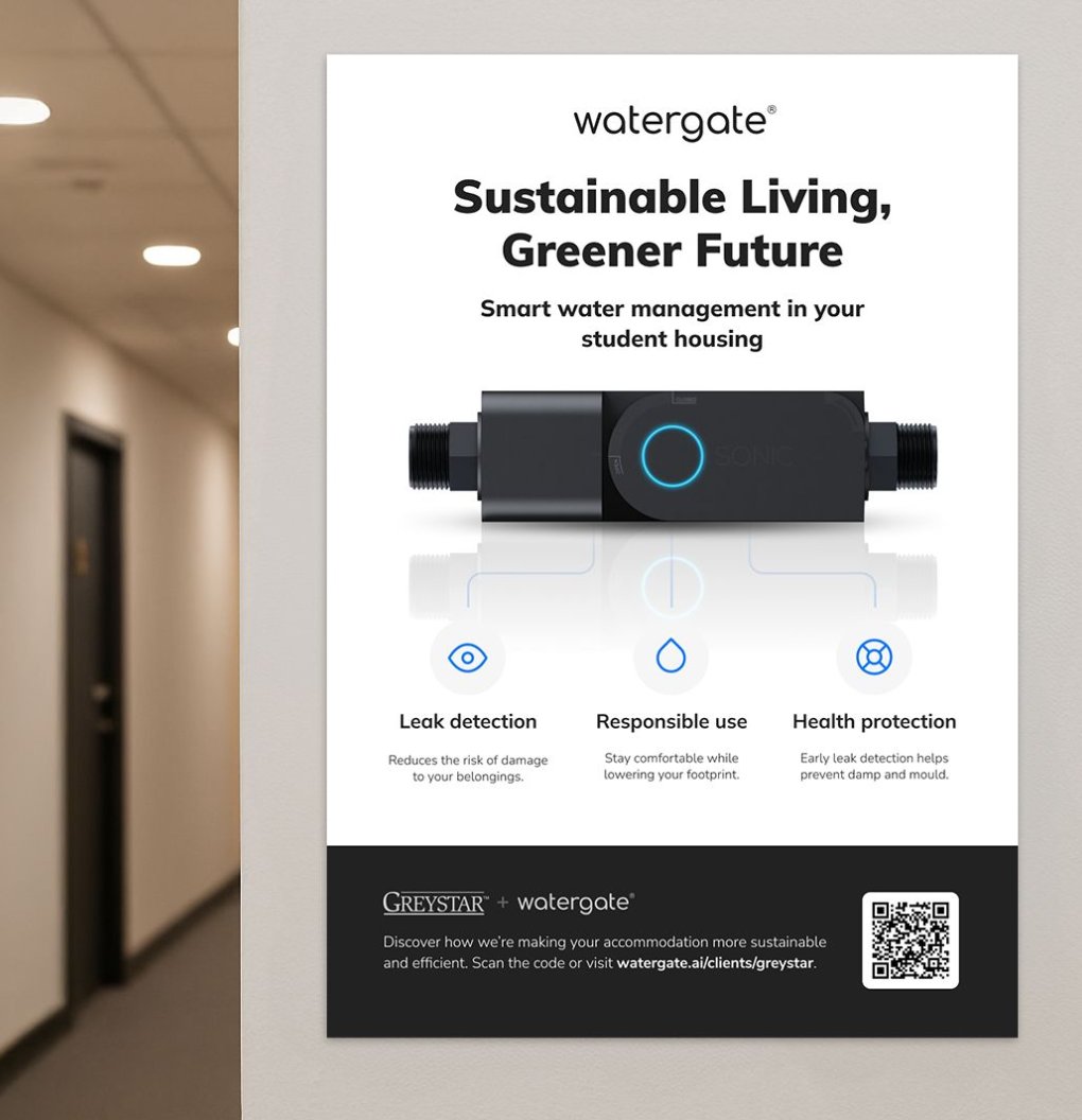 💡 This week we were at Greystar’s Chapter Islington helping students save water. It’s not just about smart tech like Sonic — it’s about changing behaviour too. Posters, door hangers, competitions. Less waste. Lower bills. Happier residents. #Watergate #PropTech
