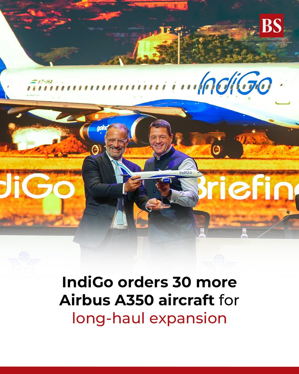 bsindia's tweet image. IndiGo on Sunday signed a memorandum of understanding (MoU) with European aircraft manufacturer Airbus to order 30 additional A350-900 widebody aircraft, aiming to expand its long-haul network over the next decade.

#IndiGo #IndiGoAirline #Aviation #Airlines #Airbus #Aircraft |