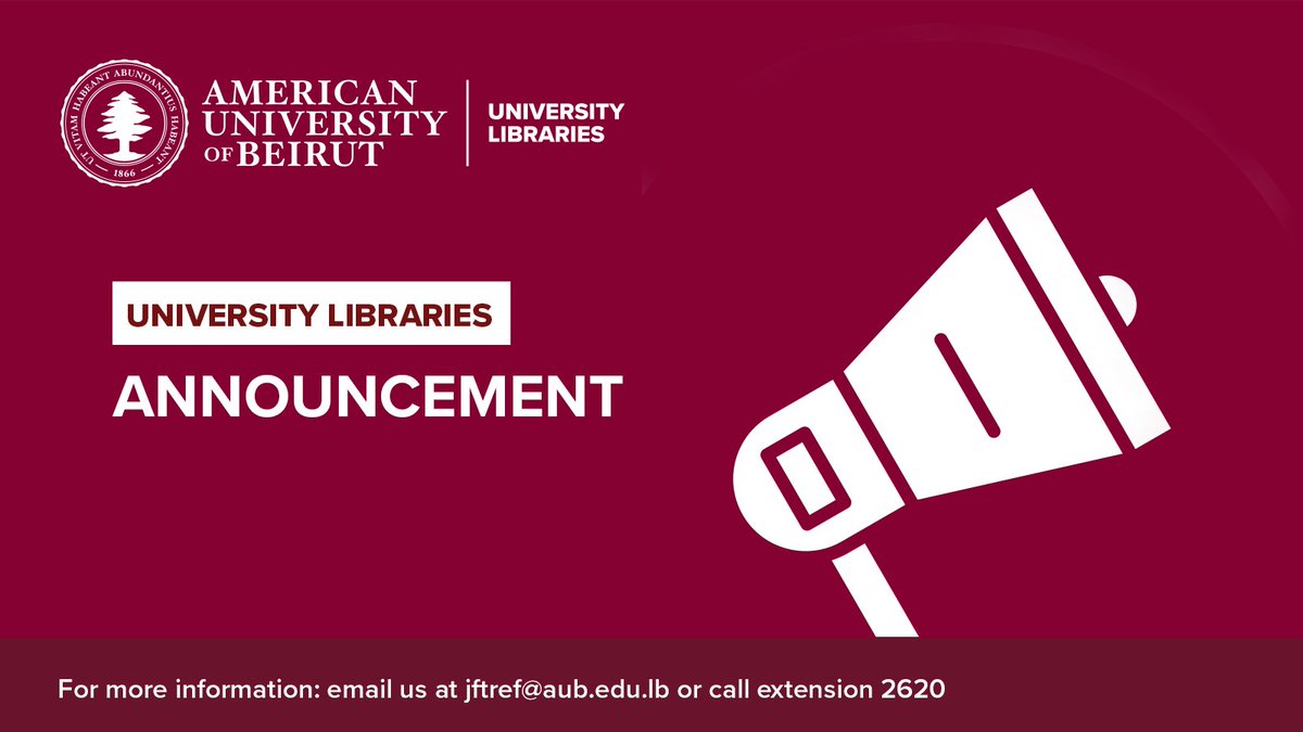 AUB Libraries (@aublibraries) on Twitter photo Eid Al-Adha Library Hours:
Jafet: June 6โ8 Closed | June 9: 9 AMโ9 PM
Science/Eng Libraries: June 6โ9 Closed
Saab Medical:
June 6 Closed
June 7: 8 AMโ3:30 PM
June 8: 1:30โ9 PM
June 9 Closed
Happy Eid! #AUBLibraries <a href="/AUB_Lebanon/">American University of Beirut</a> Eid Al-Adha Library Hours:
Jafet: June 6โ8 Closed | June 9: 9 AMโ9 PM
Science/Eng Libraries: June 6โ9 Closed
Saab Medical:
June 6 Closed
June 7: 8 AMโ3:30 PM
June 8: 1:30โ9 PM
June 9 Closed
Happy Eid! #AUBLibraries <a href="/AUB_Lebanon/">American University of Beirut</a>