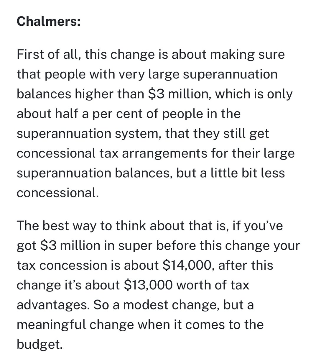 tobyeggleston's tweet image. Can anyone workout how this figure of $14k of tax concessions on a $3m super balance is calculated?
If the “concession” is what the earnings would be taxed at 47% (ie a difference of 30%) that implies earnings of $46.6k.
A 1.5% return on a $3m balance seems unrealistic I…