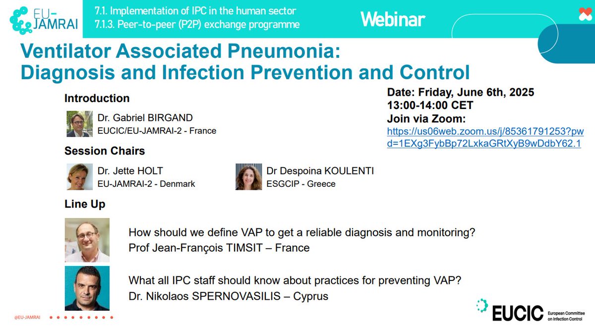 EUCIC1's tweet image. 🔥🔥Don&apos;t miss the EUCIC/EU-JAMRAI webinar tomorrow friday 06/06 on Ventilator Associated Pneumonia: Diagnosis and Infection Prevention and Control ⬇️⬇️⬇️
us06web.zoom.us/j/85361791253?…