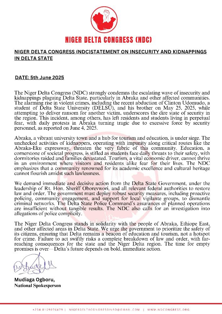ND_Congress's tweet image. NIGER DELTA CONGRESS (NDC)STATEMENT ON INSECURITY AND KIDNAPPINGS IN DELTA STATE
DATE: 5th June 2025