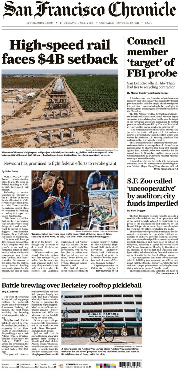 ๐ต๐๐๐๐ ๐ฟ๐๐๐๐ ๐๐๐๐๐ข ๐ฐ (@ukpapers) on Twitter photo ๐บ๐ธ High-Speed Rail Faces $4B Setback
โซTrump administration pulls $4 billion in federal funding for California high-speed rail
โซ<a href="/shiramstein/">Shira Stein</a>
โซis.gd/bIXg0F
#frontpagestoday #USA <a href="/sfchronicle/">San Francisco Chronicle</a> ๐บ๐ธ ๐บ๐ธ High-Speed Rail Faces $4B Setback
โซTrump administration pulls $4 billion in federal funding for California high-speed rail
โซ<a href="/shiramstein/">Shira Stein</a>
โซis.gd/bIXg0F
#frontpagestoday #USA <a href="/sfchronicle/">San Francisco Chronicle</a> ๐บ๐ธ