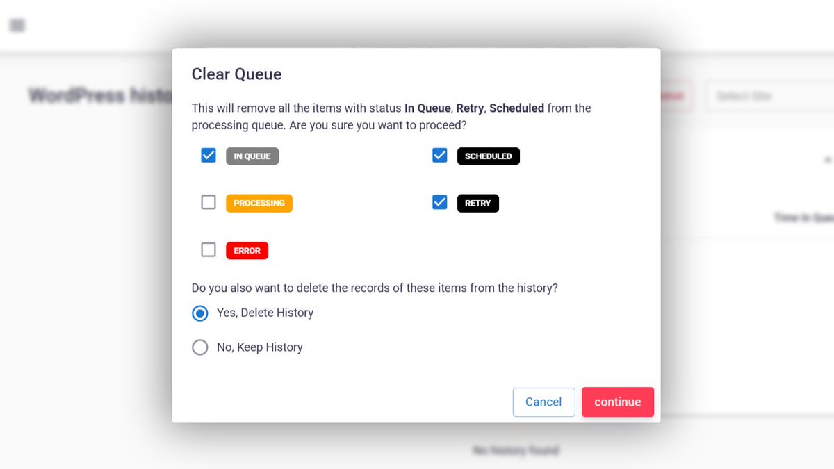 Les mises à jour s'enchainent depuis quelques semaines 😃

Grace à cette popup, vous pouvez gérer les files d'attentes en détail. Et donc supprimer des posts Wordpress à traiter, selon leurs statuts.