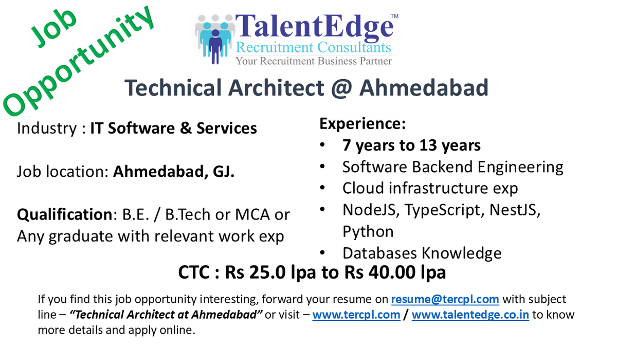 TalentEdgeRC's tweet photo. Technical Architect at #Ahmedabad
Experience: 7 to 13 years 
Salary:  ₹25.0 LPA to ₹40.0 LPA 
Skills require: Software Engineering, NodeJS, TypeScript, NestJS, Python, Database

#ITJobs #Jobs #AhmedabadJobs #talentedge #SoftwareEngineeringJobs https://t.co/UeTAqVfZE7
