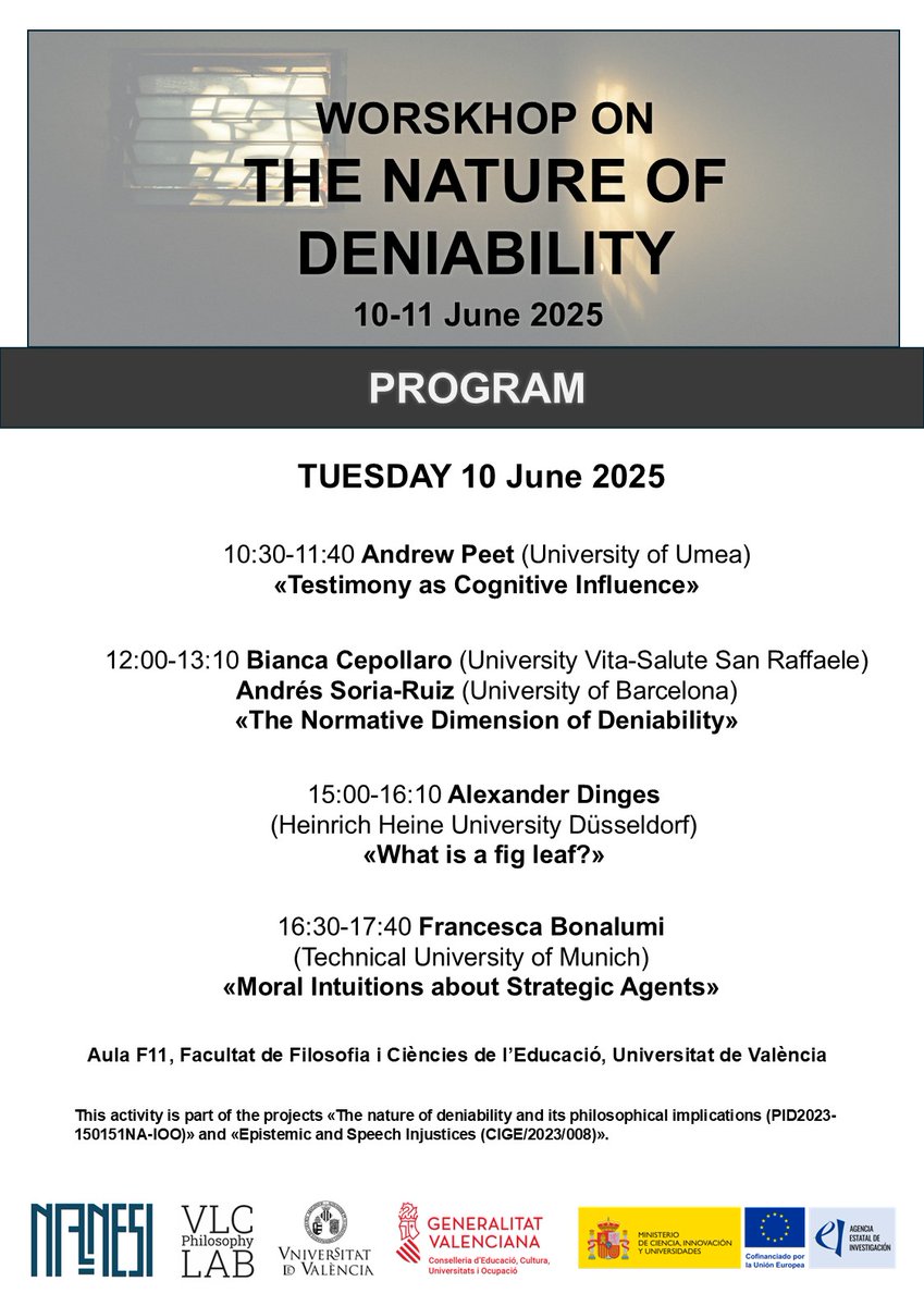 vlc_lab's tweet image. 🗣️Workshop ‘The Nature of Deniability’

📅June 10-11, 2025  

🏛️University of Valencia

🧐One retweet?