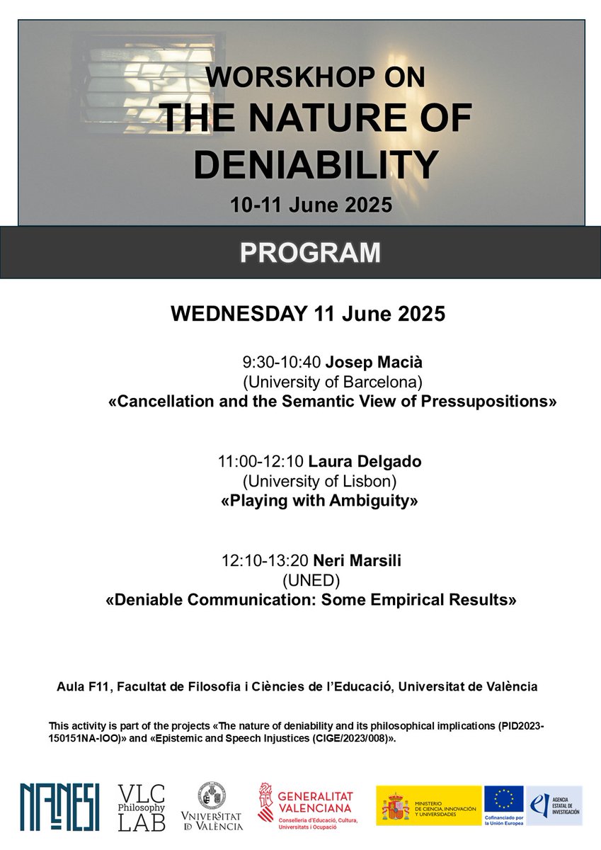 vlc_lab's tweet image. 🗣️Workshop ‘The Nature of Deniability’

📅June 10-11, 2025  

🏛️University of Valencia

🧐One retweet?