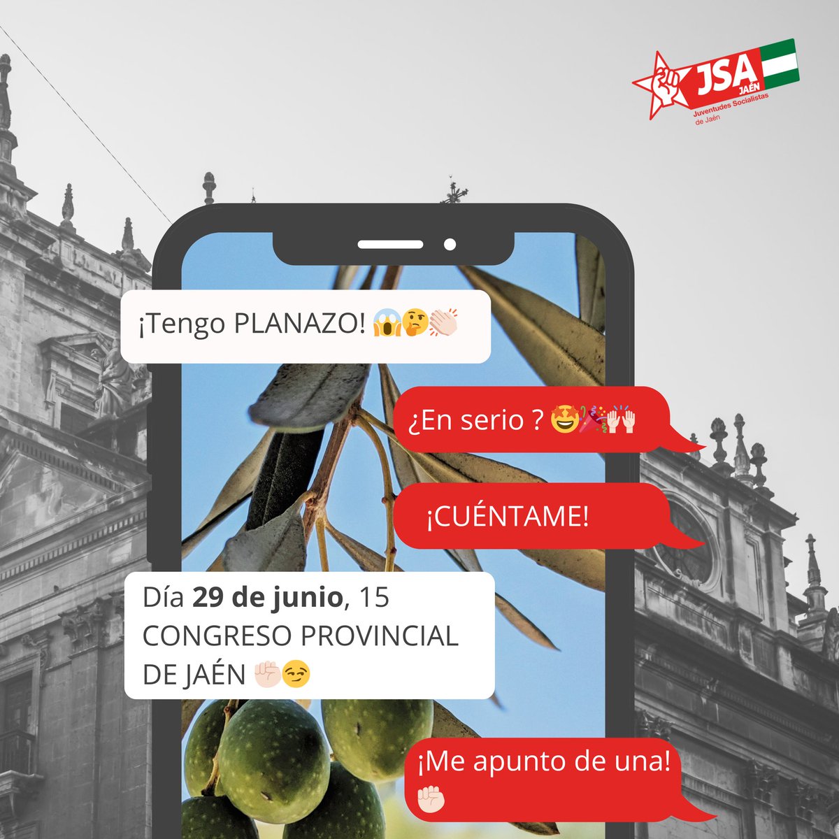 ¡El 29 de junio tenemos una cita con el futuro! 🌟 No te pierdas el 15º Congreso Provincial de Juventudes Socialistas de Jaén. Participa, debate y transforma. 💬✊🏻🌹