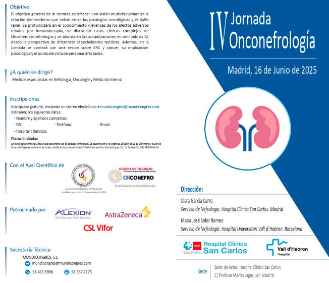 S.E.N. Nefrología (@senefrologia) on Twitter photo ¿Quieres seguir formándote en Onconefrología?
👉 Próximo lunes 16 de junio en MADRID 👉IV Jornada Onconefrología, con el aval de la S.E.N.
👉Inscripción gratuita, todos los detalles: senefro.org/modules/direct…
🔥Dirigen <a href="/PepaSolerR/">Maria Jose Soler</a> y <a href="/ClaraGCarro/">Clara García Carro</a>
<a href="/AlexionPharma/">Alexion</a> <a href="/AstraZenecaES/">AstraZeneca España</a> ¿Quieres seguir formándote en Onconefrología?
👉 Próximo lunes 16 de junio en MADRID 👉IV Jornada Onconefrología, con el aval de la S.E.N.
👉Inscripción gratuita, todos los detalles: senefro.org/modules/direct…
🔥Dirigen <a href="/PepaSolerR/">Maria Jose Soler</a> y <a href="/ClaraGCarro/">Clara García Carro</a>
<a href="/AlexionPharma/">Alexion</a> <a href="/AstraZenecaES/">AstraZeneca España</a>