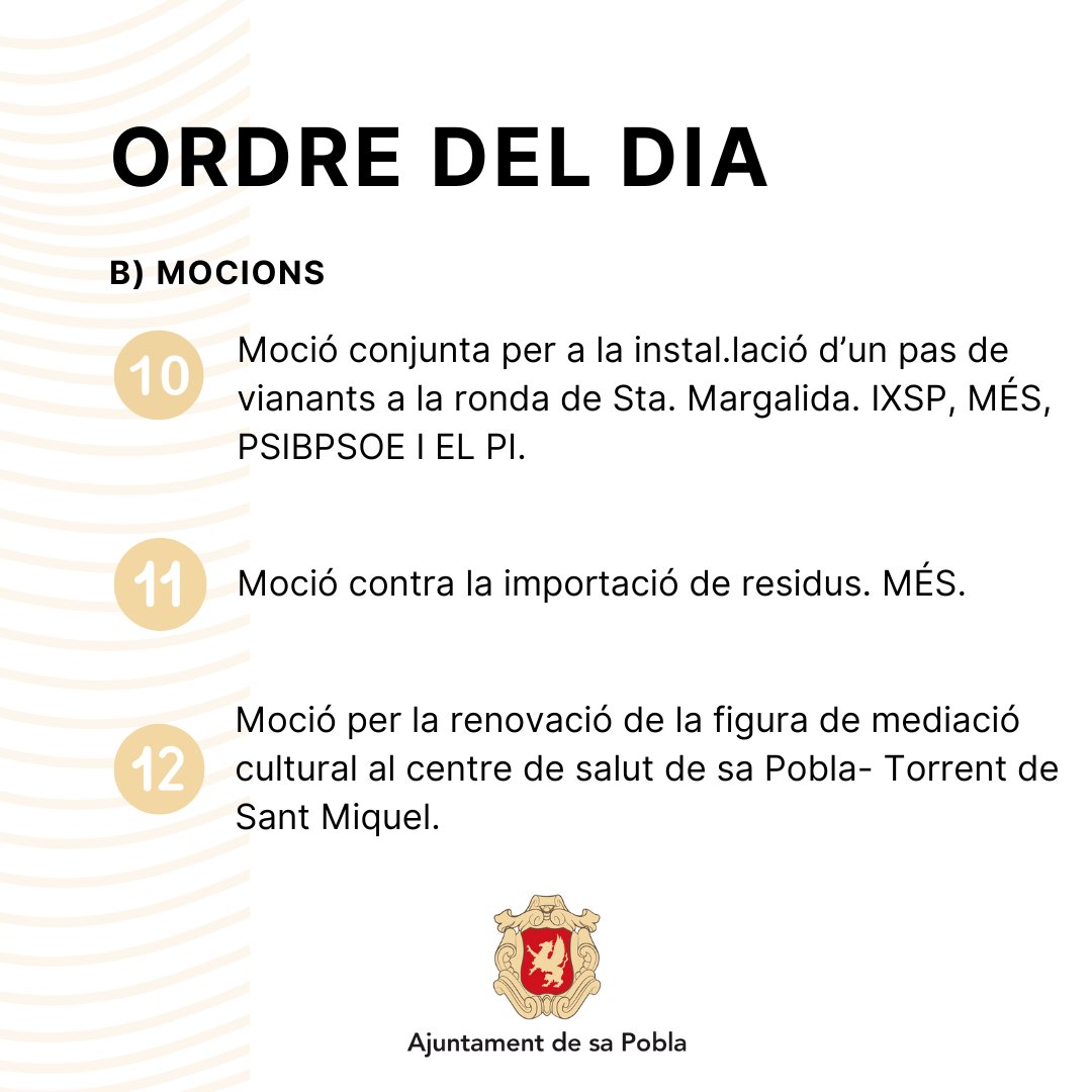 🏛️Avui se celebrarà el ple ordinari del mes de juny a les 20:30 h a la sala de plens de l'Ajuntament de sa Pobla. Ja podeu consultar l'ordre del dia.
📻Hi podeu assistir de forma presencial o escoltar-ho en directe a través de sa Pobla Ràdio.