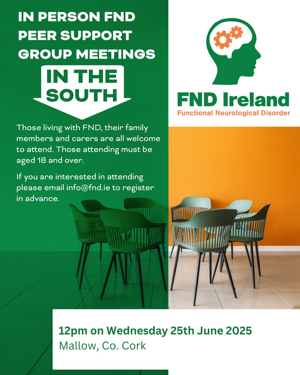 FND Ireland (@fndireland) on Twitter photo Our next #FNDIreland peer support meeting in the South takes place in:
📍 Mallow, Cork
📅 25th June 2025
⏰ 12pm
Please email us or contact us via our website to register to attend. fnd.ie/contact-us/ 💚🧡
<a href="/naiireland/">Neurological Alliance of Ireland</a> <a href="/DONPSI/">PSI Division of Neuropsychology</a> <a href="/NeuroscienceIRL/">Neuroscience Ireland</a>
#FND #PeerSupport Our next #FNDIreland peer support meeting in the South takes place in:
📍 Mallow, Cork
📅 25th June 2025
⏰ 12pm
Please email us or contact us via our website to register to attend. fnd.ie/contact-us/ 💚🧡
<a href="/naiireland/">Neurological Alliance of Ireland</a> <a href="/DONPSI/">PSI Division of Neuropsychology</a> <a href="/NeuroscienceIRL/">Neuroscience Ireland</a>
#FND #PeerSupport