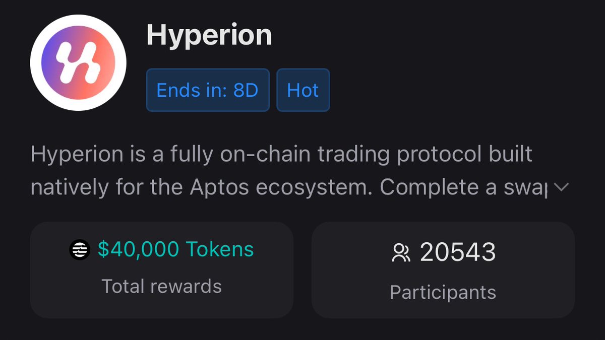💥 New Alpha opportunity is now available on <a href="/BitgetWallet/">Bitget Wallet 🩵</a> 

New event jointly launched by Bitget Wallet &amp; <a href="/hyperion_xyz/">Hyperion</a> . 

🗓️ Jun 3-13, 19:00 (UTC+8)

Share $40,000 in $APT / Hyperion tokens rewards:
👉Win: Top 10 traders share $2,000, and more trades earn more rewards.