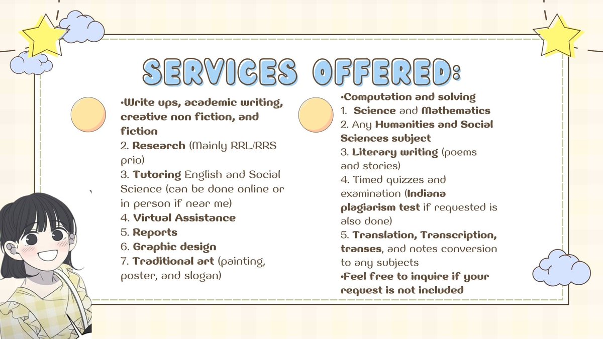 ayuricommission's tweet photo. Hi I'm Ayuri! On my two years of academic services, still open for academic commissions. Can do rush projects too! 

Tags: academic service, assignment, task, open, rush and non rush, 24 hours open
#AcademicTwitter #commisionsopen #WritingCommunity https://t.co/ceIqZzegTm