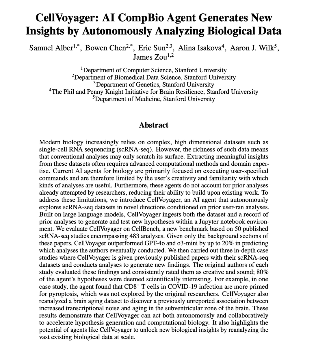Introducing CellVoyager 🚀: an AI agent that autonomously analyzes scRNA-seq data and searches for analyses the user hasn't tried.

Paper: biorxiv.org/content/10.110…
Code: github.com/zou-group/Cell…

Huge thanks to the amazing team, especially: <a href="/chenbowen118/">Bowen Chen</a> and <a href="/james_y_zou/">James Zou</a>!
